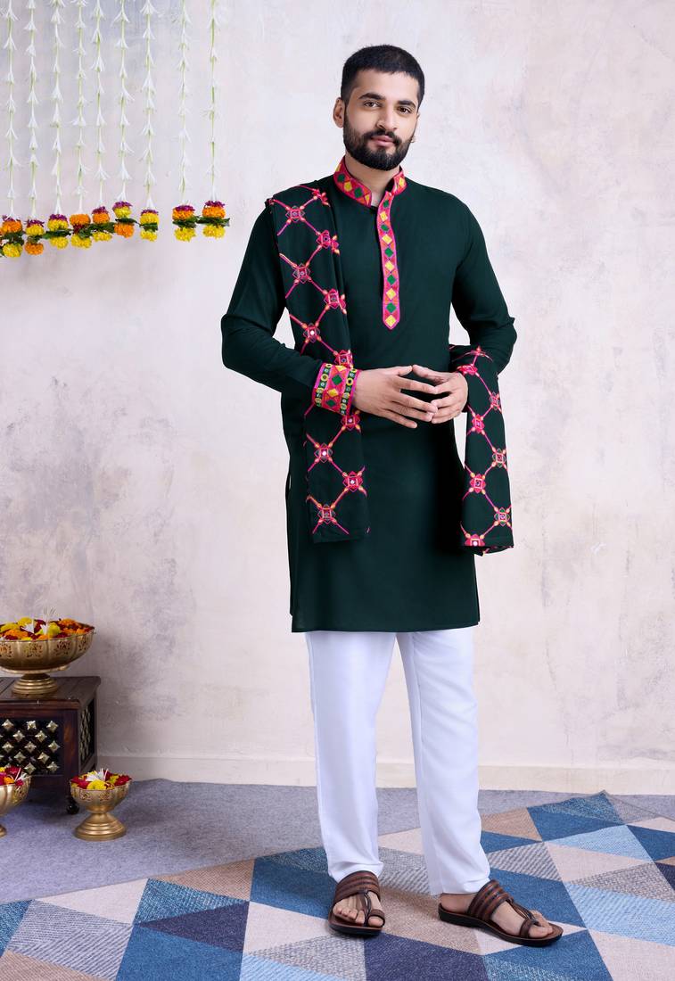 Green rayon embroidery with mirror work wedding function festival navratri party wear straight kurta with dupatta