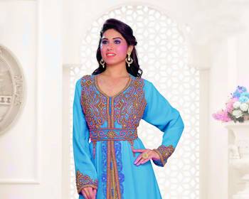 Cyan & Inner White color Full Sleeves Handmade Moroccan Kaftan 2