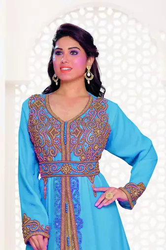 Cyan & Inner White color Full Sleeves Handmade Moroccan Kaftan