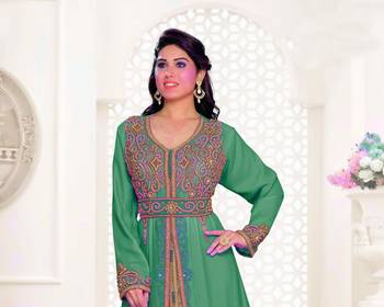 Dark Green & Inner White color Full Sleeves Handmade Moroccan Kaftan 2