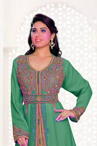 Dark Green & Inner White color Full Sleeves Handmade Moroccan Kaftan