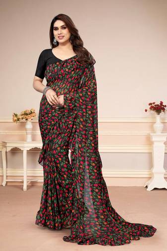 Black Georgette Floral All over Printed Without Border & Pallu Saree With Banglori Blouse