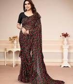 Black Georgette Floral All over Printed Without Border & Pallu Saree With Banglori Blouse
