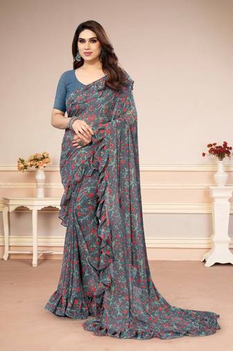 Grey Georegtte Floral All over Printed Without Border & Pallu Saree With Banglori Blouse