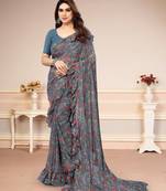 Grey Georegtte Floral All over Printed Without Border & Pallu Saree With Banglori Blouse