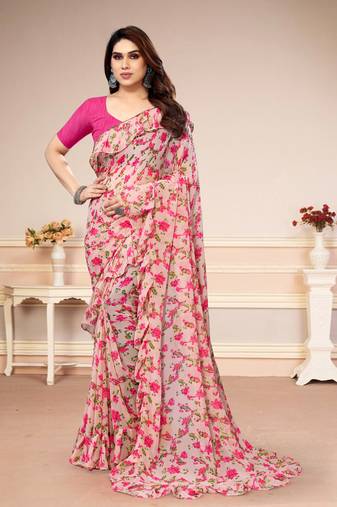 Pink Georegtte Floral All over Printed Without Border & Pallu Saree With Banglori Blouse