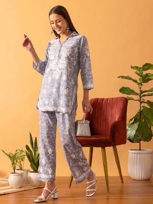 Hand Embroidered Floral Printed Grey Cotton Lucknowi Chikankari Women Co-Ord Set 1