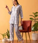 Hand Embroidered Floral Printed Grey Cotton Lucknowi Chikankari Women Co-Ord Set