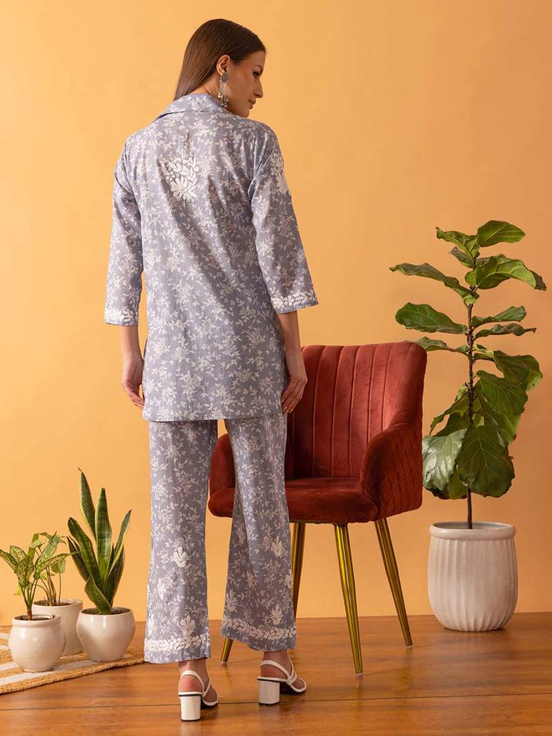 Hand Embroidered Floral Printed Grey Cotton Lucknowi Chikankari Women Co-Ord Set