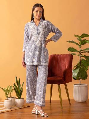 Hand Embroidered Floral Printed Grey Cotton Lucknowi Chikankari Women Co-Ord Set 3