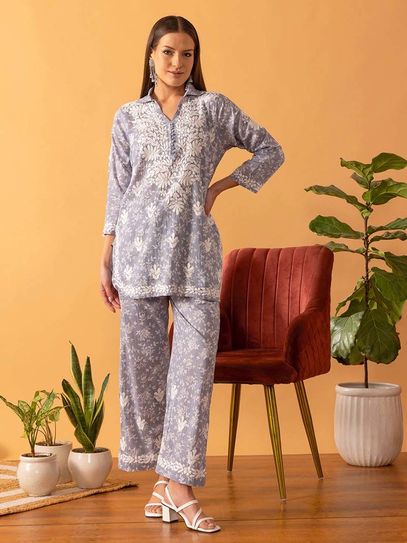 Hand Embroidered Floral Printed Grey Cotton Lucknowi Chikankari Women Co-Ord Set