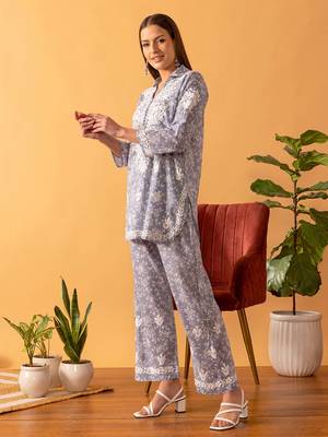 Hand Embroidered Floral Printed Grey Cotton Lucknowi Chikankari Women Co-Ord Set 4