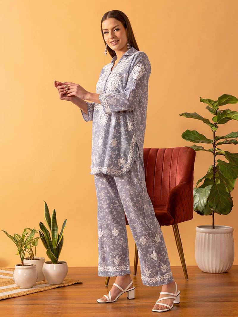 Hand Embroidered Floral Printed Grey Cotton Lucknowi Chikankari Women Co-Ord Set