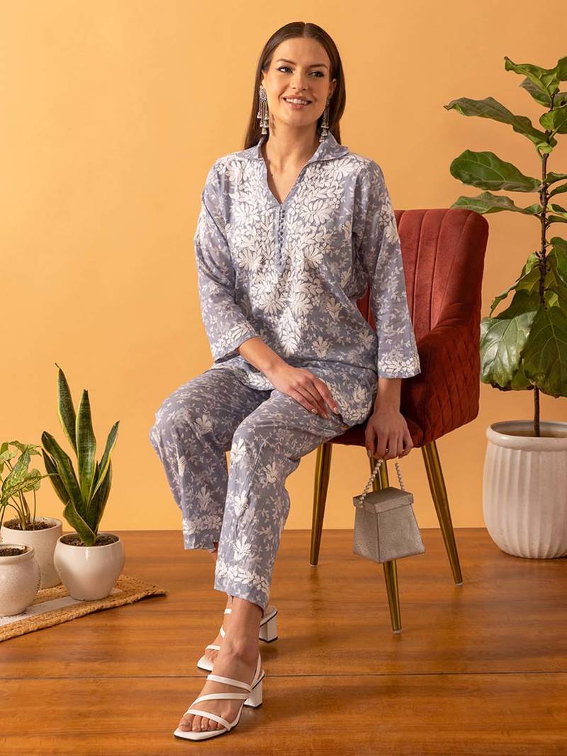 Hand Embroidered Floral Printed Grey Cotton Lucknowi Chikankari Women Co-Ord Set
