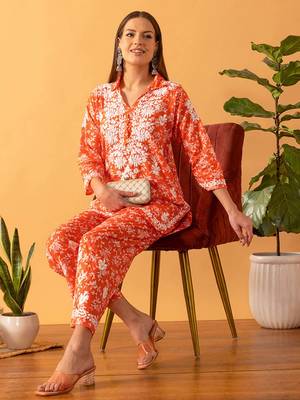 Hand Embroidered Floral Printed Orange Cotton Lucknowi Chikankari Womens Co-Ord Set 1