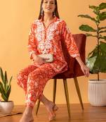 Hand Embroidered Floral Printed Orange Cotton Lucknowi Chikankari Womens Co-Ord Set