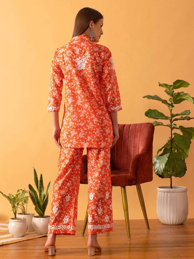 Hand Embroidered Floral Printed Orange Cotton Lucknowi Chikankari Womens Co-Ord Set