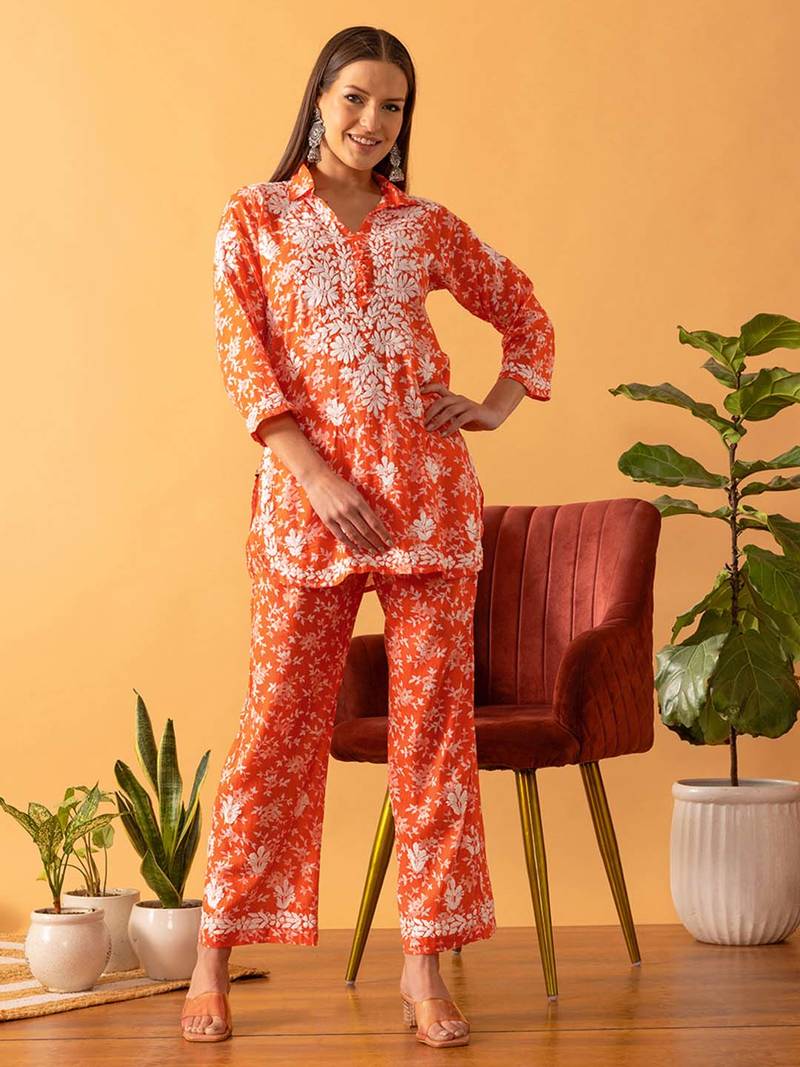 Hand Embroidered Floral Printed Orange Cotton Lucknowi Chikankari Womens Co-Ord Set