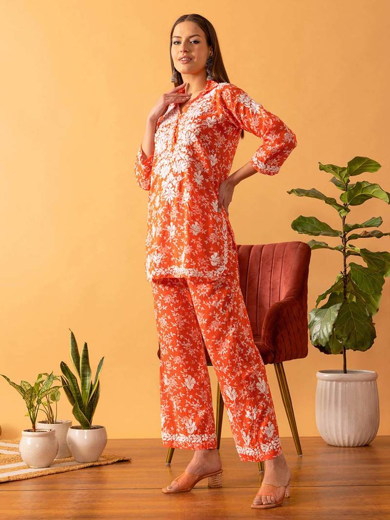 Hand Embroidered Floral Printed Orange Cotton Lucknowi Chikankari Womens Co-Ord Set