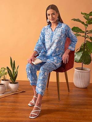 Hand Embroidered Floral Printed Blue Cotton Lucknowi Chikankari Womens Co-Ord Set 1