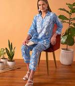 Hand Embroidered Floral Printed Blue Cotton Lucknowi Chikankari Womens Co-Ord Set