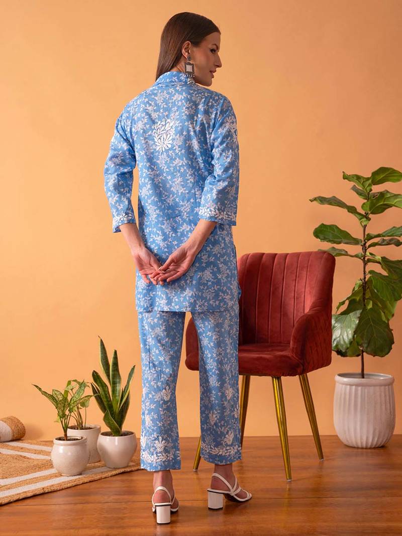 Hand Embroidered Floral Printed Blue Cotton Lucknowi Chikankari Womens Co-Ord Set