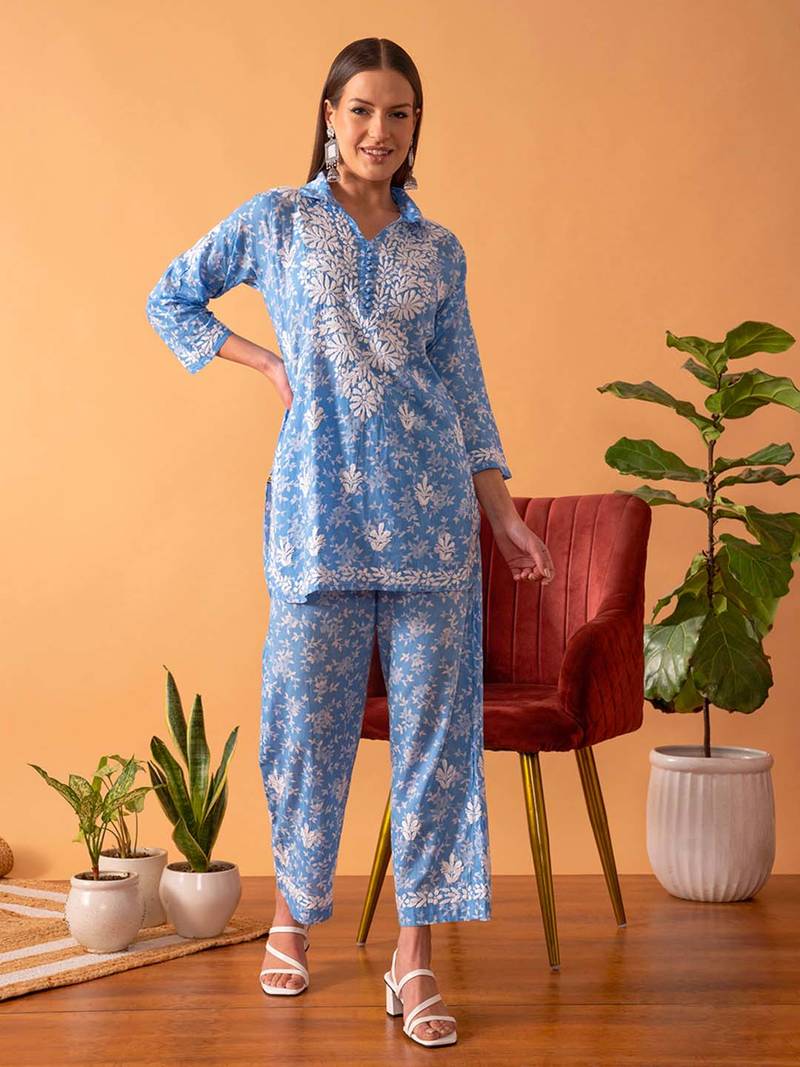 Hand Embroidered Floral Printed Blue Cotton Lucknowi Chikankari Womens Co-Ord Set