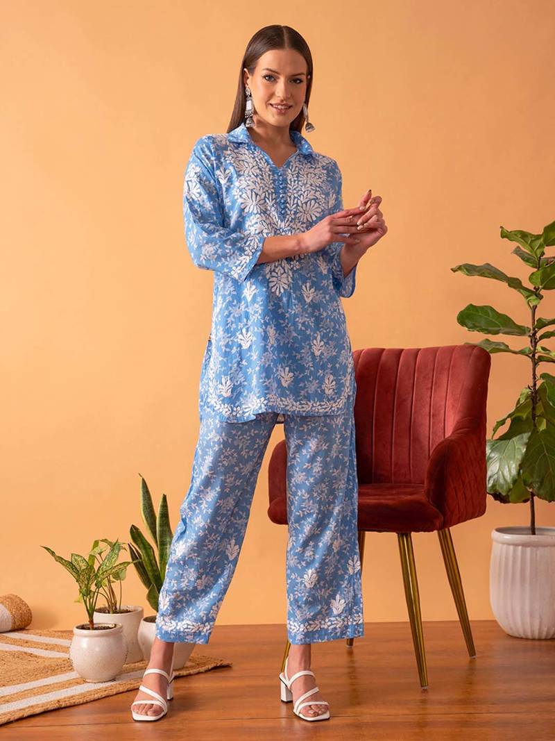 Hand Embroidered Floral Printed Blue Cotton Lucknowi Chikankari Womens Co-Ord Set