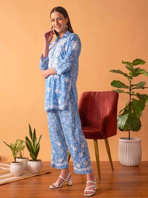 Hand Embroidered Floral Printed Blue Cotton Lucknowi Chikankari Womens Co-Ord Set 5