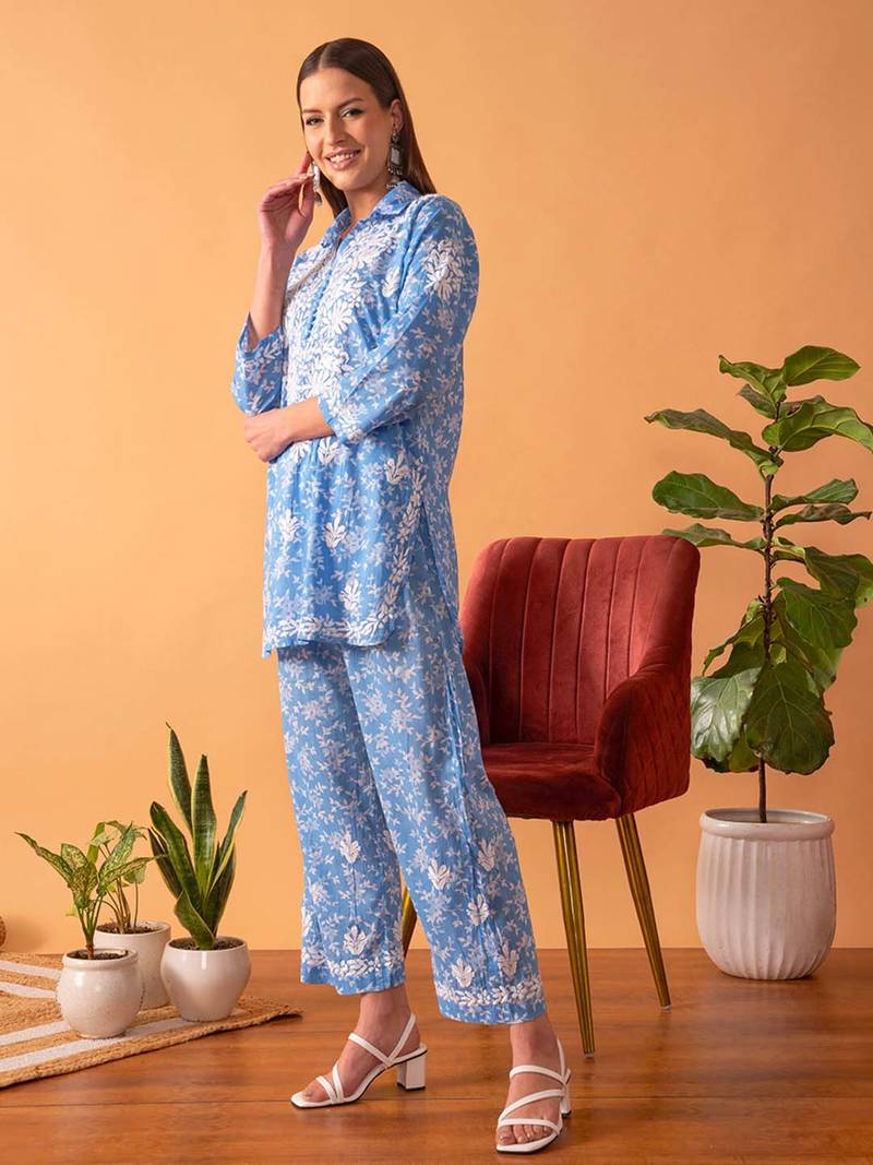 Hand Embroidered Floral Printed Blue Cotton Lucknowi Chikankari Womens Co-Ord Set