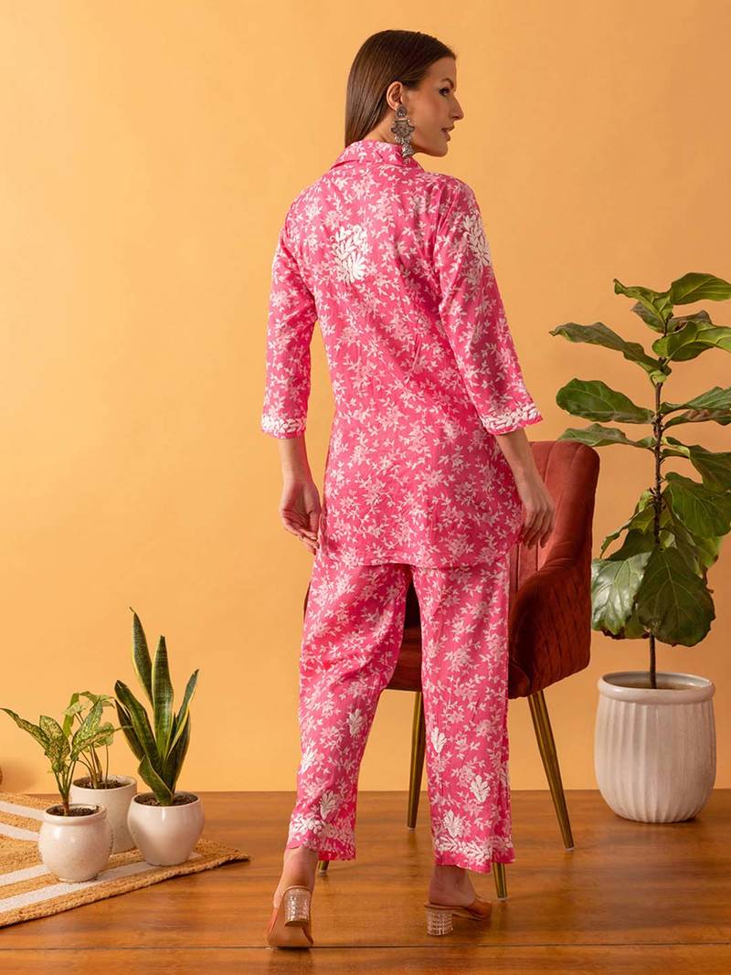 Hand Embroidered Floral Printed Pink Cotton Lucknowi Chikankari Womens Co-Ord Set