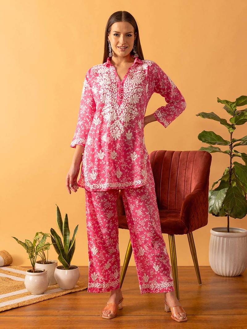 Hand Embroidered Floral Printed Pink Cotton Lucknowi Chikankari Womens Co-Ord Set