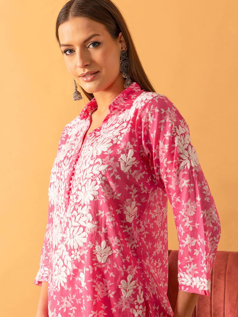 Hand Embroidered Floral Printed Pink Cotton Lucknowi Chikankari Womens Co-Ord Set