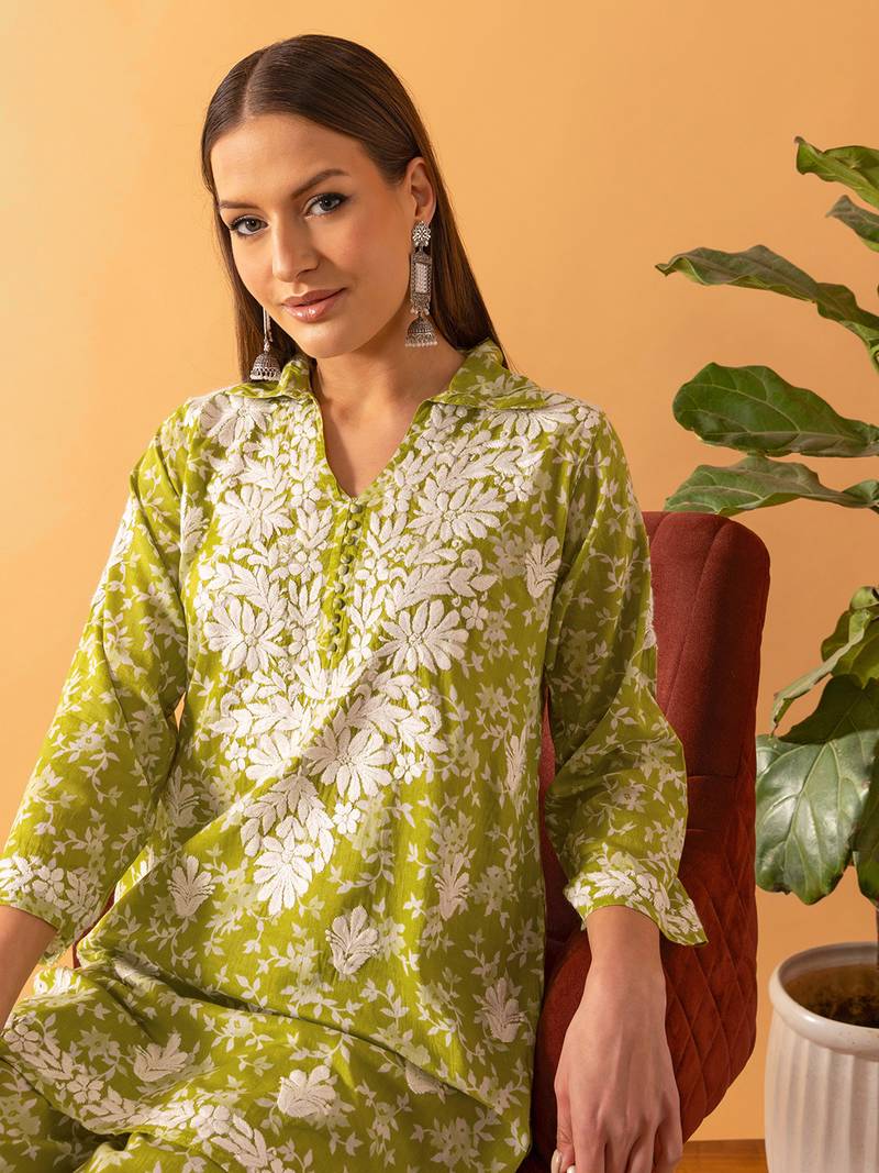 Hand Embroidered Floral Printed Green Cotton Lucknowi Chikankari Womens Co-Ord Set