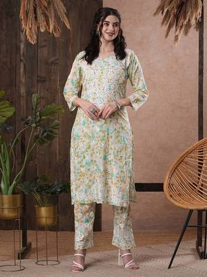 Hand Embroidered White Cotton Lucknowi Chikankari Indian Women Co-Ord Set 1