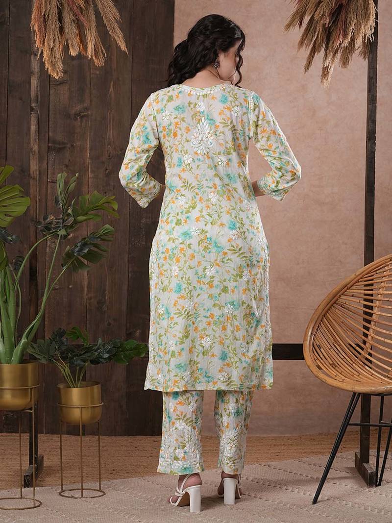 Hand Embroidered White Cotton Lucknowi Chikankari Indian Women Co-Ord Set