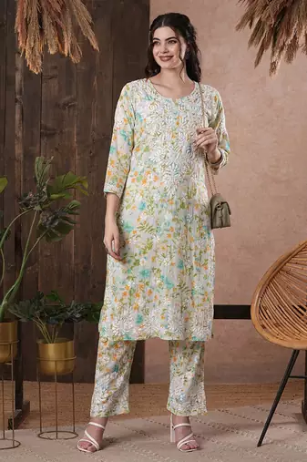 Hand Embroidered White Cotton Lucknowi Chikankari Indian Women Co-Ord Set