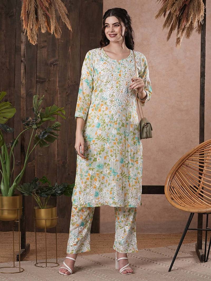 Hand Embroidered White Cotton Lucknowi Chikankari Indian Women Co-Ord Set