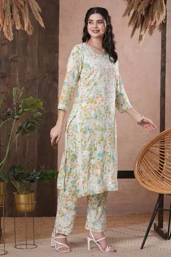 Hand Embroidered White Cotton Lucknowi Chikankari Indian Women Co-Ord Set