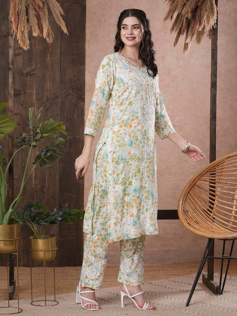 Hand Embroidered White Cotton Lucknowi Chikankari Indian Women Co-Ord Set