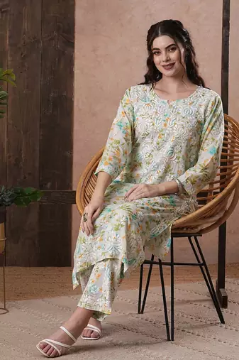 Hand Embroidered White Cotton Lucknowi Chikankari Indian Women Co-Ord Set