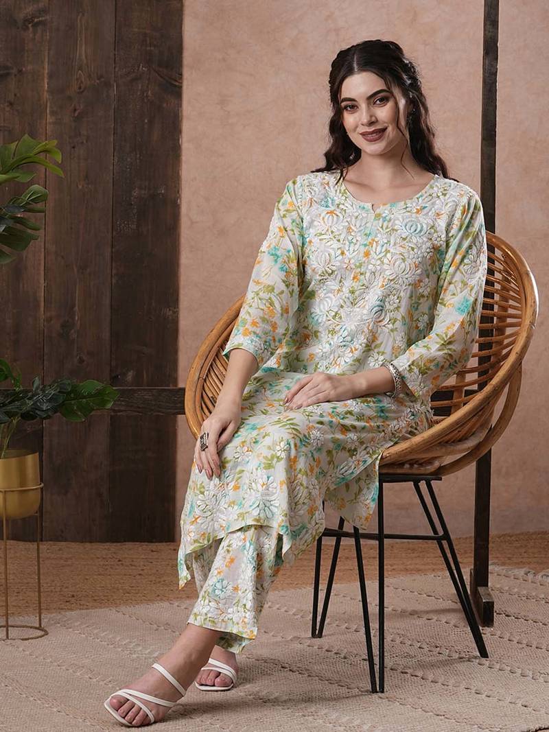 Hand Embroidered White Cotton Lucknowi Chikankari Indian Women Co-Ord Set