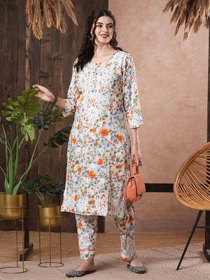 Hand Embroidered White Cotton Lucknowi Chikankari Indian Women Co-Ord Set 3