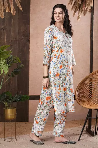 Hand Embroidered White Cotton Lucknowi Chikankari Indian Women Co-Ord Set