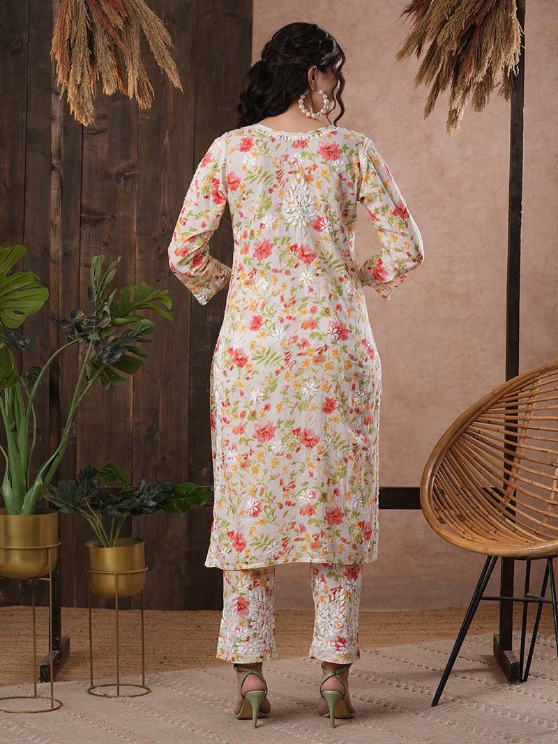 Hand Embroidered White Cotton Lucknowi Chikankari Indian Women Co-Ord Set