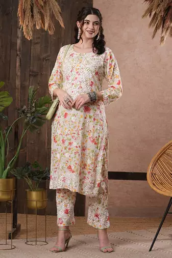 Hand Embroidered White Cotton Lucknowi Chikankari Indian Women Co-Ord Set