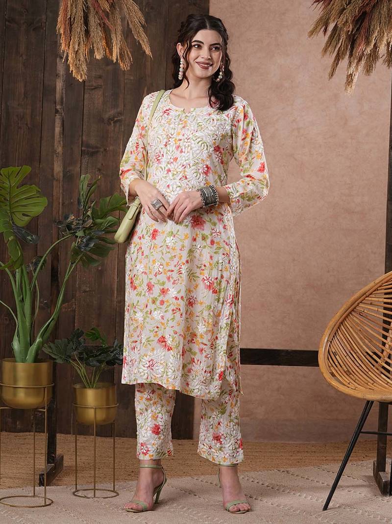 Hand Embroidered White Cotton Lucknowi Chikankari Indian Women Co-Ord Set