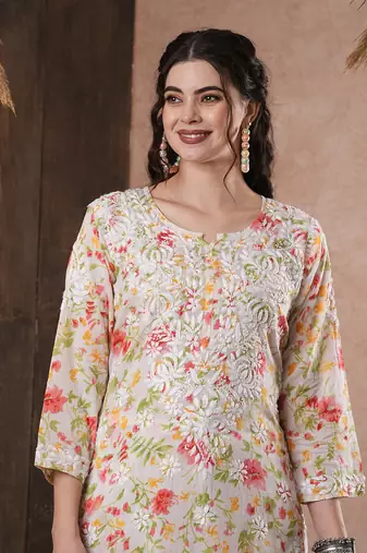Hand Embroidered White Cotton Lucknowi Chikankari Indian Women Co-Ord Set