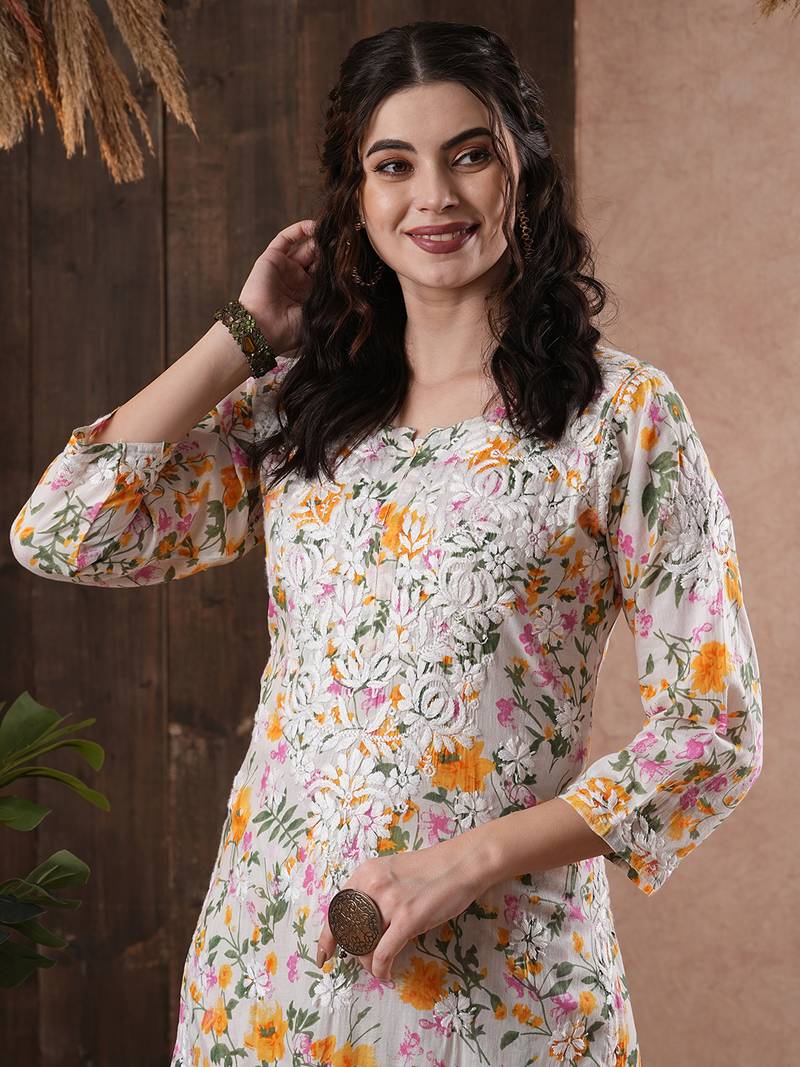 Hand Embroidered White Cotton Lucknowi Chikankari Indian Women Co-Ord Set