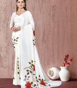 White Chifforn Floral Rose Printed Design Saree With Polka Dot Blouse